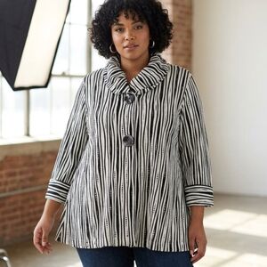 YUSHI Bold High Collar Black & White Striped Statement Women's Top